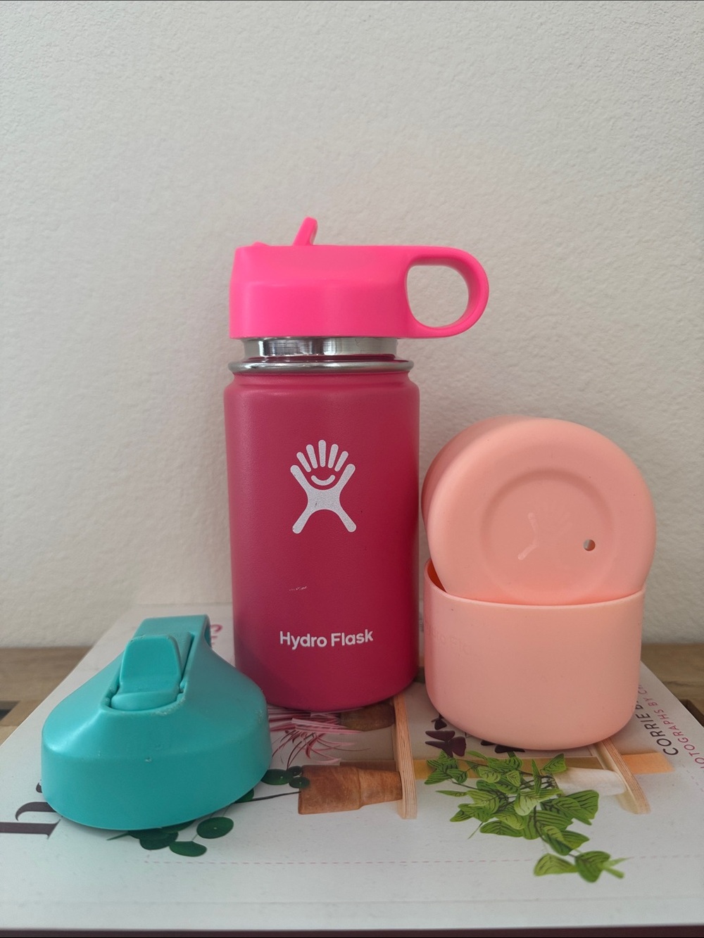 Hydro Flask Bright Pink Bottle Cup w/ Hot Pink Straw Lid and Pastel Accessories